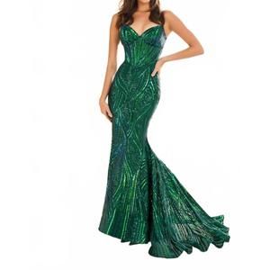 NEW ELLIE WILDE embroidered sequin mesh tulle mermaid gown in emerald